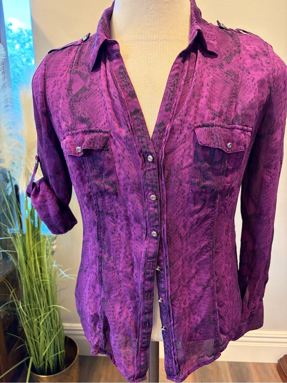 WHBM Women's Purple Button-Down Shirt with Subtle Snake Print Sz 14